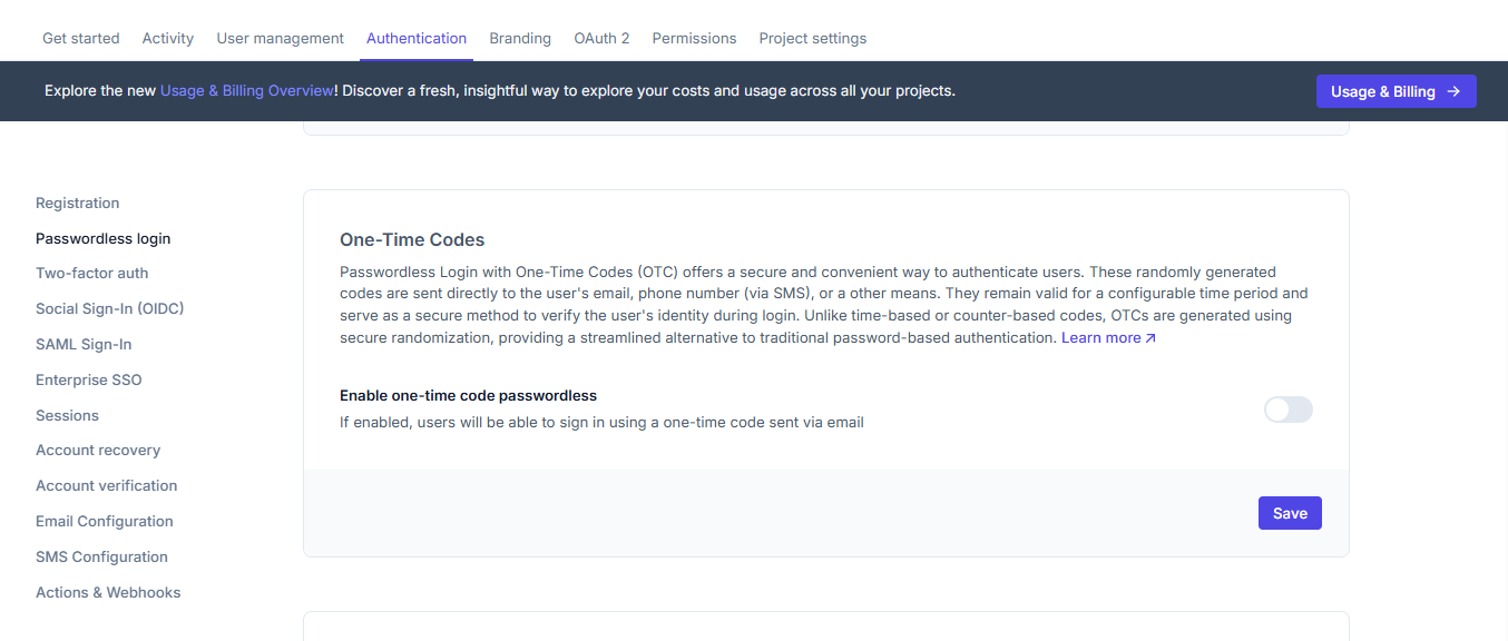One-Time Codes Settings